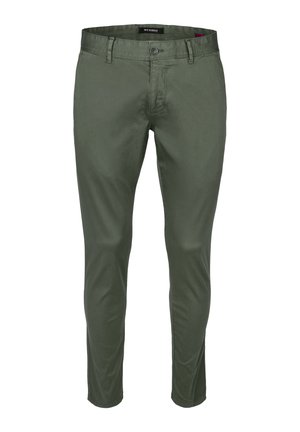 Olivegrüne Baumwollhose mit Slim Fit, ausgestattet mit einem Knopfverschluss, Gürtelschlaufen und sichtbaren frontalen Taschen. Glatte Textur, ohne Muster.