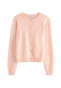 Cardigan cropped rosa chiaro con collo tondo, motivo a piccoli punti in rilievo, polsini e orlo a coste, e sei bottoni frontali.