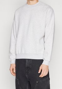 Sweatshirt gris clair avec un col rond, des poignets et un ourlet côtelés, présentant une texture douce et une coupe décontractée. Porté avec un pantalon foncé.