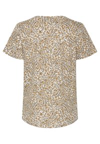 Krótki rękaw bluzki w kolorze białym z kwiatowym wzorem w odcieniach brązu i czerni. Luźny krój z okrągłym dekoltem, wykonana z lekkiego materiału.