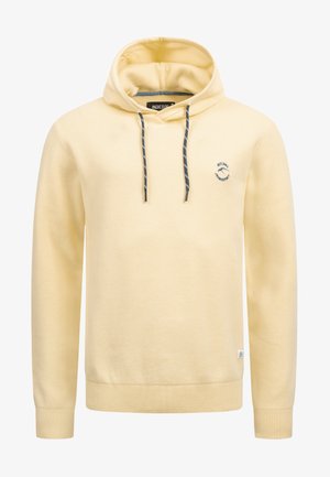 Žlutá mikina s kapucí vyrobená z měkké tkaniny, s šňůrkou na stažení, žebrovanými manžetami a lemem, s malým logem na hrudi.