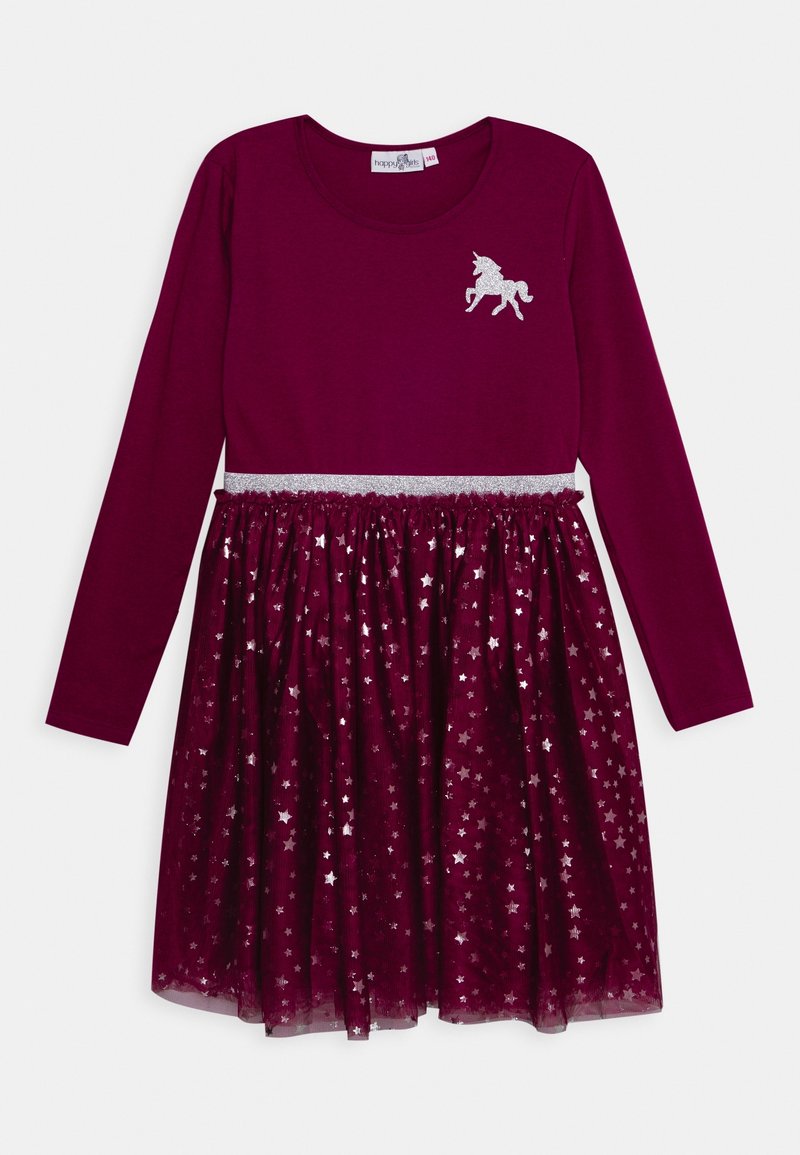 Bordeauxrotes Langarmkleid mit silbernem Einhornmotiv, glitzerndem Taillenband und einem Tüllrock mit Sternenmuster. Weicher Stoff, knielang.