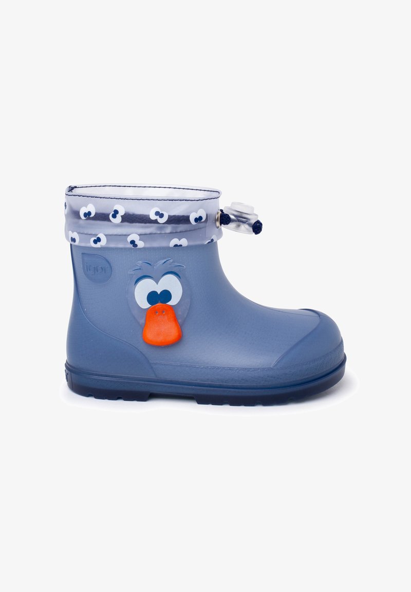 Botte de pluie en caoutchouc bleue avec un motif de canard, un bec orange et un revers blanc à motif. Elle possède un cordon de serrage et une texture lisse.