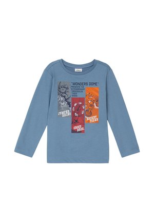 Blaues langärmliges T-Shirt aus Baumwolle mit drei bunten Tiergrafiken: einem Nashorn, einem Tiger und einem Krokodil. Mit Text.