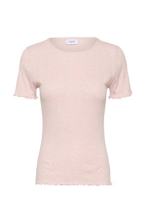 Gaiši rozā īsām piedurknēm topiņš no mīksta auduma ar ribotu tekstūru un viļņainu apdari apmales un piedurkņu malās. Uz etiķetes rakstīts "Saint."