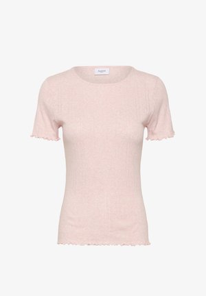 Světle růžový top s krátkými rukávy z měkké látky s žebrovanou texturou a vroubkovaným okrajem na lemu a rukávech. Na štítku je nápis "Saint."