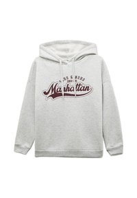 Jasnoszara bluza z kapturem, wykonana z miękkiego materiału, z kieszenią typu kangur. Posiada bordowy napis graficzny "Manhattan" oraz sznurek w kapturze.