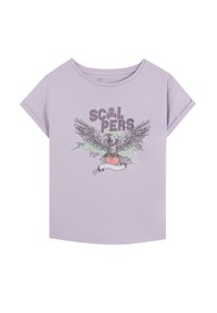 Fioletowa koszulka z krótkim rękawem, wykonana z miękkiej bawełny, z grafiką przedstawiającą orła z rozpostartymi skrzydłami, serce i tekst "SCOOLPERS."