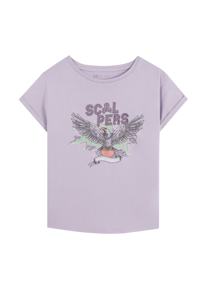 Fioletowa koszulka z krótkim rękawem, wykonana z miękkiej bawełny, z grafiką przedstawiającą orła z rozpostartymi skrzydłami, serce i tekst "SCOOLPERS."