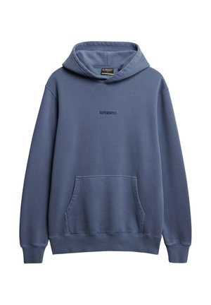 Hoodie aus weichem blauen Stoff, mit einer Fronttasche, gerippten Bündchen und Saum sowie einem kleinen Logo auf der Brust. Lässiges Design.