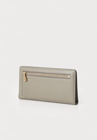 Grey leather wallet with textured finish, featuring a gold zipper pocket and a slim, rectangular design.