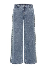 Lichtblauwe denim wijde jeans met een ruitvormig quiltpatroon en parelachtige versieringen langs de buitenste naden. Uitlopende zoom.