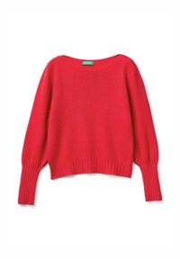 Suéter de punto acanalado de manga larga roja con cuello barco y puños ajustados, dispuesto sobre un fondo blanco.
