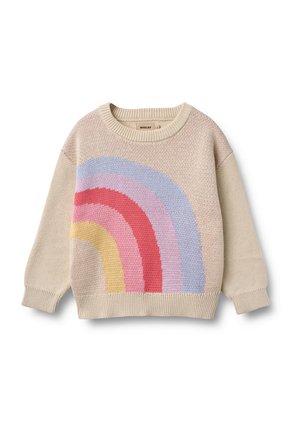 Beiger Strickpullover mit langen Ärmeln, der ein mehrfarbiges pastellfarbenes Regenbogendesign auf der Vorderseite zeigt.