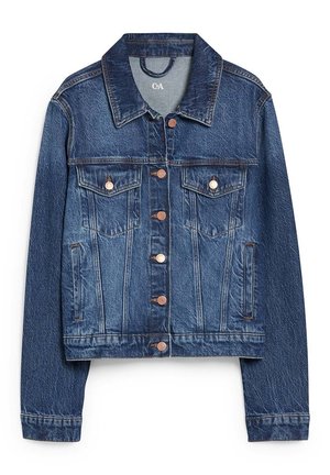 Mørkeblå denimjakke med kobberknapper, to brystlommer med klap, sidelommer og klassisk krave.