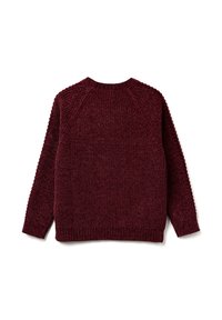 Burgundowa dziana bluza z teksturowanym wzorem, rękawami raglanowymi oraz ściągaczami u dołu i na mankietach. Tył jest gładki, z okrągłym dekoltem.