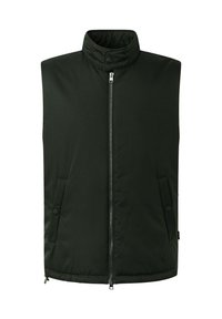 Gilet senza maniche verde scuro con colletto alto, chiusura frontale con zip e due tasche laterali, caratterizzato da una trama di tessuto liscia e uniforme.