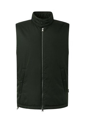 Gilet senza maniche verde scuro con colletto alto, chiusura frontale con zip e due tasche laterali, caratterizzato da una trama di tessuto liscia e uniforme.