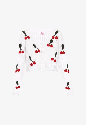 Cardigan scurt alb cu decolteu în V, decorat cu broderie de cireșe roșii și frunze negre. Fabricat dintr-un material texturat, cu țesătură deschisă.