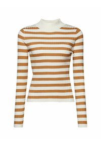 Pull en maille côtelée à manches longues avec rayures horizontales blanches et moutarde et un col montant façon col cheminée.