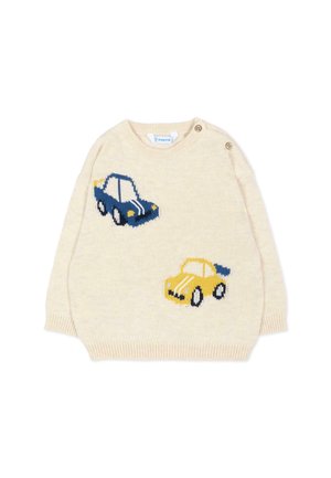 Maglione per bambini color crema con motivi di macchine blu e gialle e due bottoni sul colletto della spalla sinistra.