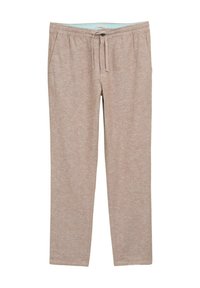 Lichtbruine, zachtgeweven broek met een relaxte pasvorm, voorzien van een elastische tailleband en trekkoord voor verstelbaar comfort.