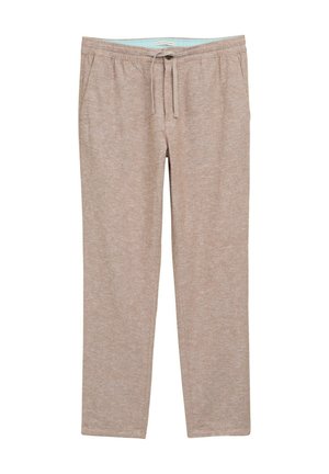 Lichtbruine, zachtgeweven broek met een relaxte pasvorm, voorzien van een elastische tailleband en trekkoord voor verstelbaar comfort.
