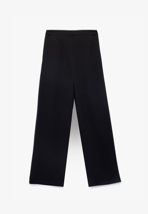 Black wide-leg trousers with a tailored waistband, pleats at the front, smooth texture, and no visible hardware or pockets.