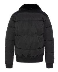 Czarna pikowana kurtka puchowa z prążkowanymi mankietami i dołem, z miękkim, puszystym kołnierzem, prezentująca się z tyłu na białym tle.