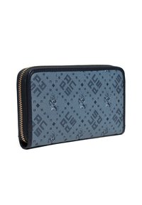 Blue patterned wallet with a textured surface, featuring a gold zipper and dark blue leather trim. Displays geometric designs throughout.