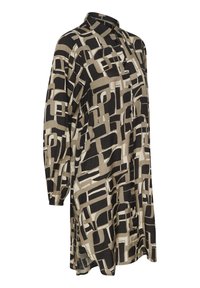 Robe à manches longues, boutonnée, avec un imprimé abstrait géométrique noir, beige et crème et un col montant.