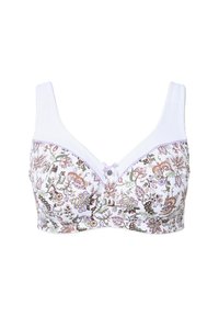 Reggiseno a stampa floreale con bordo superiore bianco, tessuto morbido, bottone decorativo al centro e coppe non imbottite per il massimo comfort.