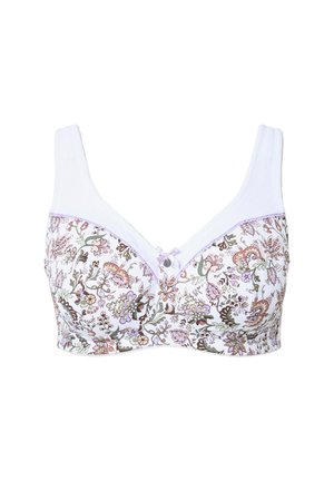 Soutien-gorge à motifs floraux avec un bord supérieur blanc, en tissu doux, un bouton décoratif au centre et des bonnets non rembourrés pour le confort.