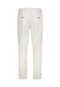 White linen trousers featuring a straight leg design, two back pockets with brown buttons, and rolled cuffs at the ankles.
