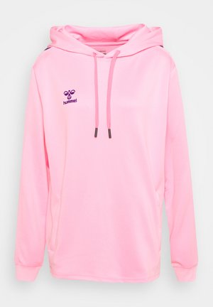 Rosa Kapuzenpullover aus glattem Stoff, mit langen Ärmeln, einer vorderen Tasche und einer Kordelzugkapuze. Enthält ein lila Logo auf der Brust.