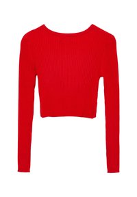 Roter, langärmeliger, gerippter, kurz geschnittener Pullover mit Rundhalsausschnitt, flach auf einem weißen Hintergrund präsentiert.