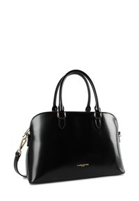 Borsa a mano in vernice nera con due manici arrotondati, hardware dorato e tracolla removibile. Superficie liscia con dettaglio del logo.