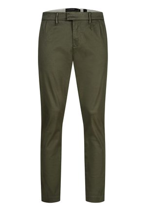 Slim-fit olijfgroene casual broek met riemlussen, rits aan de voorkant en knoopsluiting, van voren weergegeven op een witte achtergrond.