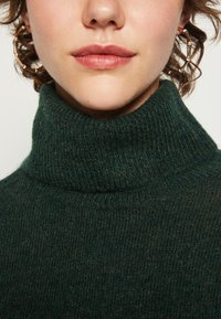 Tumši zaļš, ribu raksta augsto kaklu džemperis, izgatavots no mīksta, teksturēta materiāla, ir ar augstu apkakli un valkāts kopā ar lielām zeltītām gredzenu auskaru paraugiem.