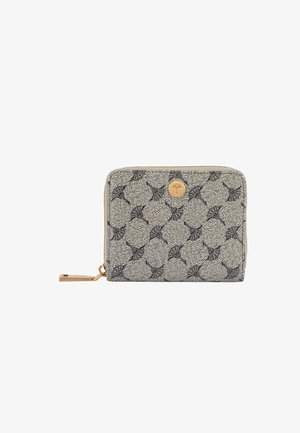 Portefeuille compact zippé avec tissu gris, motif feuilles noires, tirette et emblème logo dorés sur le devant.