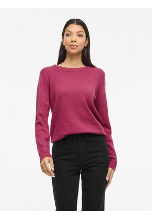Femme aux longs cheveux foncés portant un pull rose foncé ajusté à col rond et un pantalon noir taille haute, debout devant un fond blanc uni.
