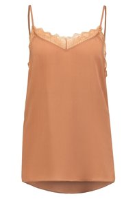 Cami-top i lysebrun stof, med delikat blonderand langs halsudskæringen og justerbare tynde stropper. Glat tekstur, løs pasform.