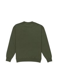Sweatshirt vert olive avec un col rond et des manches longues. Texture lisse et coupe standard. Poignets et ourlet côtelés. Pas de logos ni de motifs visibles.