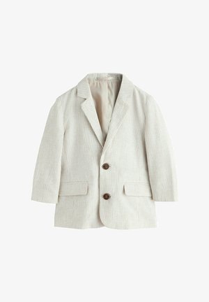 Blazer a rayas en crema y azul. Hecho de tela ligera, con dos bolsillos delanteros, solapa con muesca y dos botones marrones.