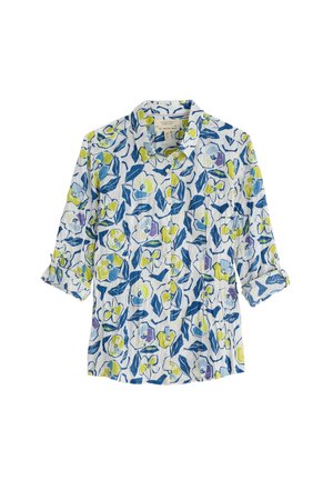 Floral print shirt featuring blue, yellow, and green flowers on a white background. Collared, button-front design with rolled sleeves.