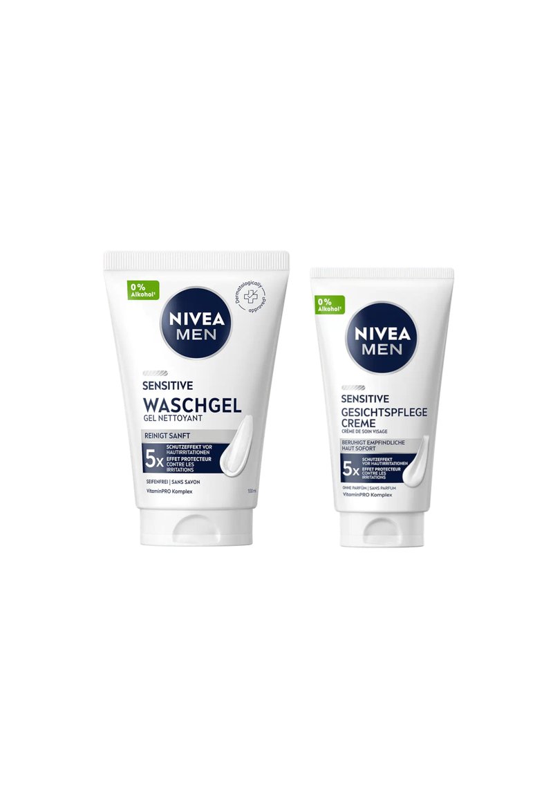 NIVEA MEN Sensitive twin set: white plastic tubes with blue and green accents; includes wash gel and face cream, both labeled "0% Alcohol."
