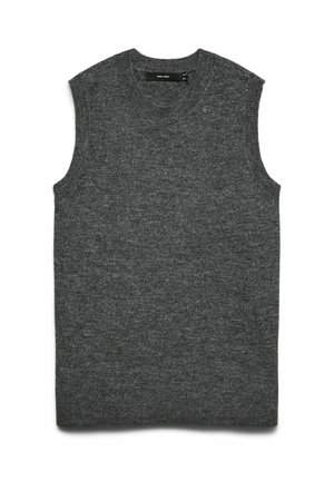 Bez piedurknēm pelēks adīts vests, kas izgatavots no mīkstas auduma. Tam ir apaļa kakla izgriezums un gluda tekstūra, ar tīru, minimālistisku dizainu.