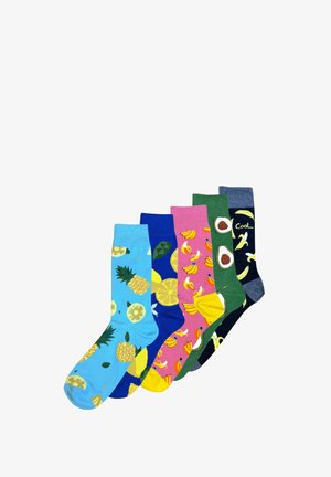 Colorful socks featuring fruit patterns: blue with pineapples, blue with lemons, pink with bananas, green with avocados, navy with text.