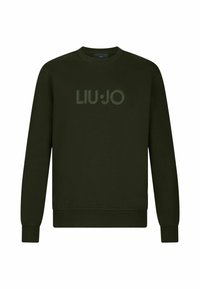 Tmavo zelená mikina s dlhým rukávom, okrúhlym výstrihom a zembossovaným logom "LIU·JO" v tmavšom odtieni. Mäkká textúra, voľný strih.
