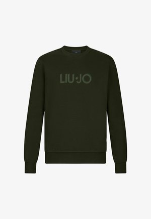 Tummanvihreä huppari, jossa on pitkät hihat, pyöreä pääntie ja kohokuvioitu "LIU·JO"-logo tummemmassa sävyssä. Pehmeä rakenne, rento istuvuus.